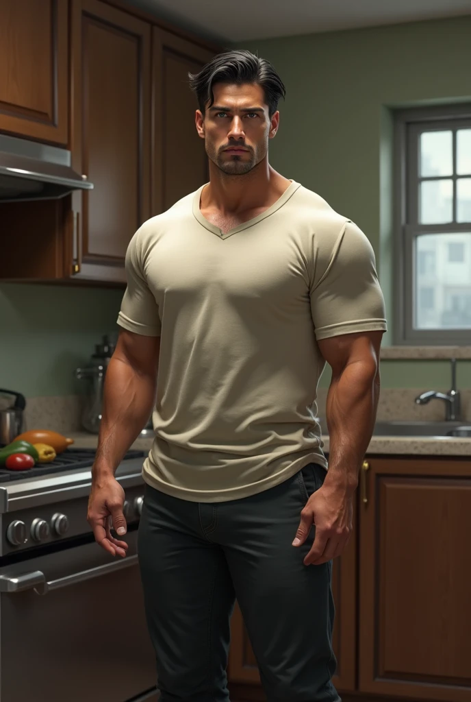 1 men, 3, in a kitchen, standing, standing alone, only one man in the image, Bblack hair, Cao Cao, strong bodie, greeneyes, all-body, wearing pants and t-shirt, Colossal, role model, realisitic, sexly. Face with marked features, subtle smile. comely.