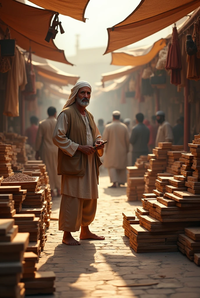 A middle-aged man is selling some wood in a market in Madinah