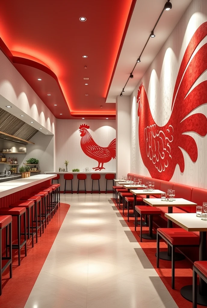 A hall for a restorant, Walls panited white and red and Has a Chicken picture, an open kitchen on the left side and chefs working, red and white abstract cceiling with d/f spot lights, redish Brown light from the spot lights