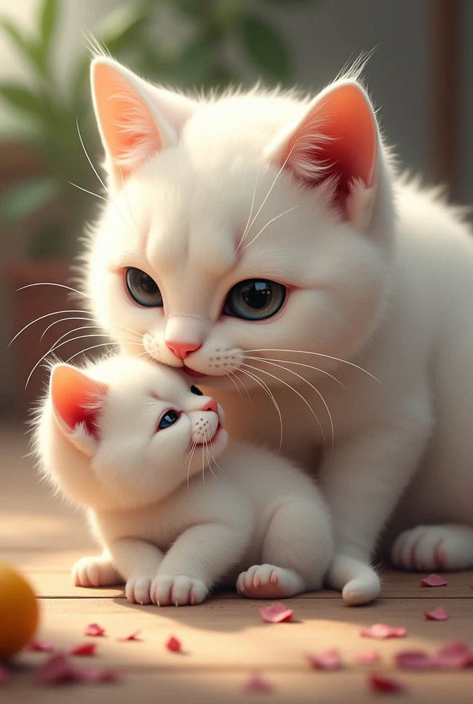 White Cat giving food to kitten