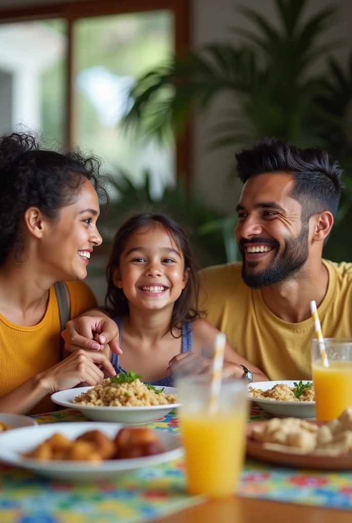 realistic photo of a happy Brazilian family having lunch