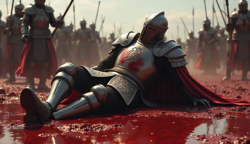 A highly realistic, high-contrast, 8K HD, detailed, hyper-detailed image of Tono, a knight clad in full armor with a lion emblem on his chest, being defeated in battle. Tono is on the ground, blood pouring from his wounds, with a large pool of blood surrounding him. The atmosphere is tense and chaotic as the battle continues around him, with other knights still engaged in combat. The image captures the intensity of the battlefield, with Tono's fallen form as the focal point, surrounded by the chaos of ongoing warfare. The image is of the highest quality, with ultra-high resolution, RAW photo quality, and Unreal Engine rendering, vividly depicting the tragic and brutal moment of Tono's defeat.
