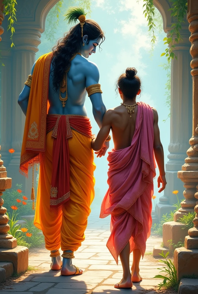 A sketch in which lord krishna holding hand of his male devote waking and colourfull image from back view