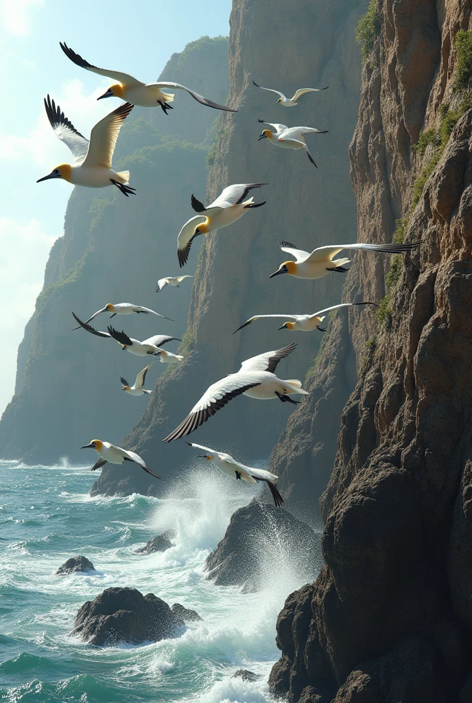 Group of adult gannets flying towards a cliff in Africa