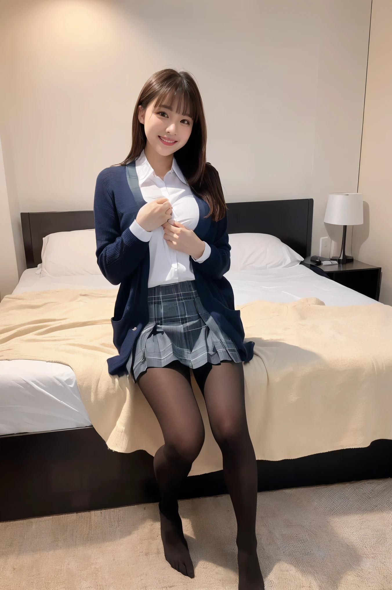 (((8k、High resolution、Highest quality、High resolution)))alone、Natural body shape、White skin、Natural Makeup、((Black Hair、bangs、Straight Long Hair))、((()))、、(Sit with your knees hugged:1.4)、(())、(((((Full body photo)))))、(((Grinning at the camera))、(((Wear a uniform on the upper body)))、Bedroom、(((Room's))) 、((white collared long sleeve blouse))、((Beige cardigan))、((Pleated skirt with dark blue plaid pattern、mini skirt、Ultra-realistic pantyhose))、、、Expressionless、((Exposing your thighs))