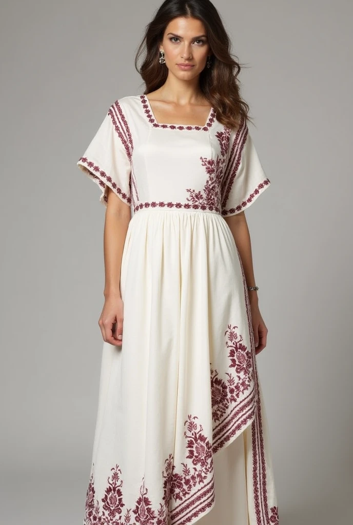 I have a white kashmiri shawl with very thin maroon embroidery. I wish to upcycle the shawl into a dress. Can you generate images of short tunics with peplum cut and box neck crop top designs for this shawl ?