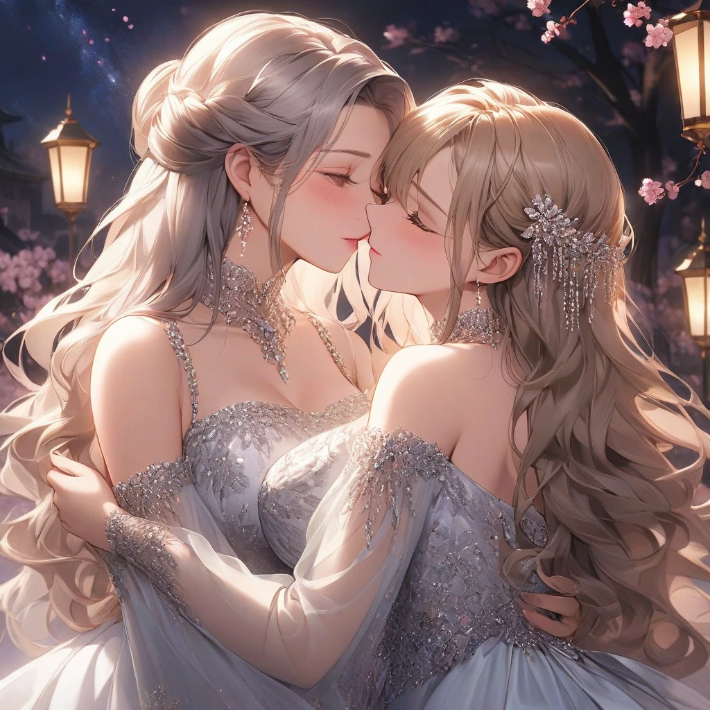 high resolution, details, Masterpiece, Anatomically correct, best quality, 2 Kissed wman , One has long Grey hair with grey eyes, The other has long light brown hair with purple eyes.., High Quality, couple , Girls love girls...................., Yuri,,A Beautiful Girl, lesbian, lover, luxury, dynasty ,castles.night light. dim lighting. romantic. kiss. Expressions of love . at night. Cherry trees,.large boobs. body plump, Look at each other..... . Embarrassed ,dimlight, one person close eyes, one person crying, sad expression, goodbyes kiss, luxurious dress. Cute
