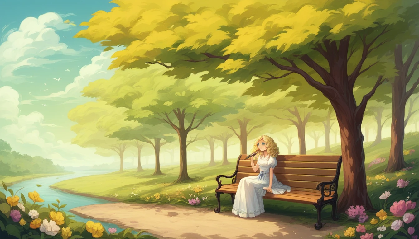 Blonde Russian babe with green eyes walking by the sand. A stylized, romantic woman with loose, flowing fluffy curly blond hair, wearing soft romantic colored clothes made from tulle, ribbons and lace, sitting on a bench in a park square, surrounded by many Whimsically beautiful flowers. Ethereal background with tall, thin birch trees with yellow leafs , impasto, airbrush and brush strokes, chiaroscuro, romantic scenery, Whimsically beautiful scenery, surreal