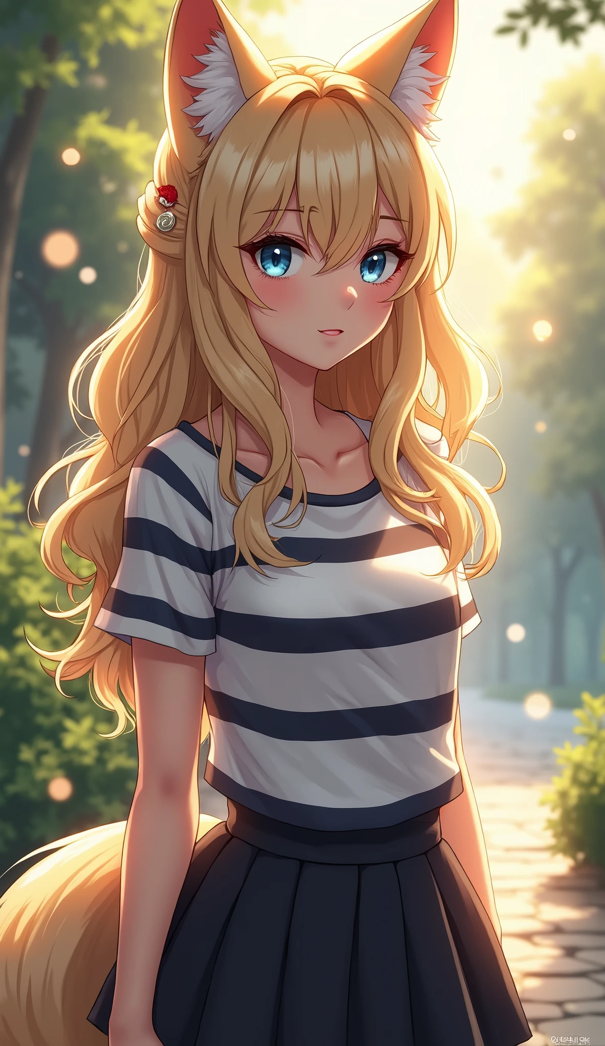 masterpiece, best quality, wolf girl, elegant, 1girl, wolf ears, wolf tail, cute, blushed, looking at viewer, from above, blonde wavy hair, mini skirt, white and black striped T-shirt, blue eyes, beautiful eyes, beautiful background, light particles, sun rays, dramatic lighting, outside, shiny, realistic, masterpiece, best quality, ultra-detailed, detailed, scenery, beautiful detailed eyes, detailed hair