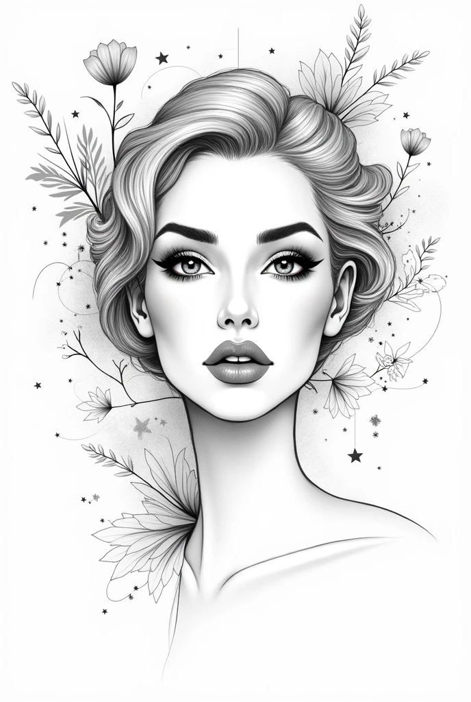 An image of women with her makeup in the surrounding by illustrating a line arts