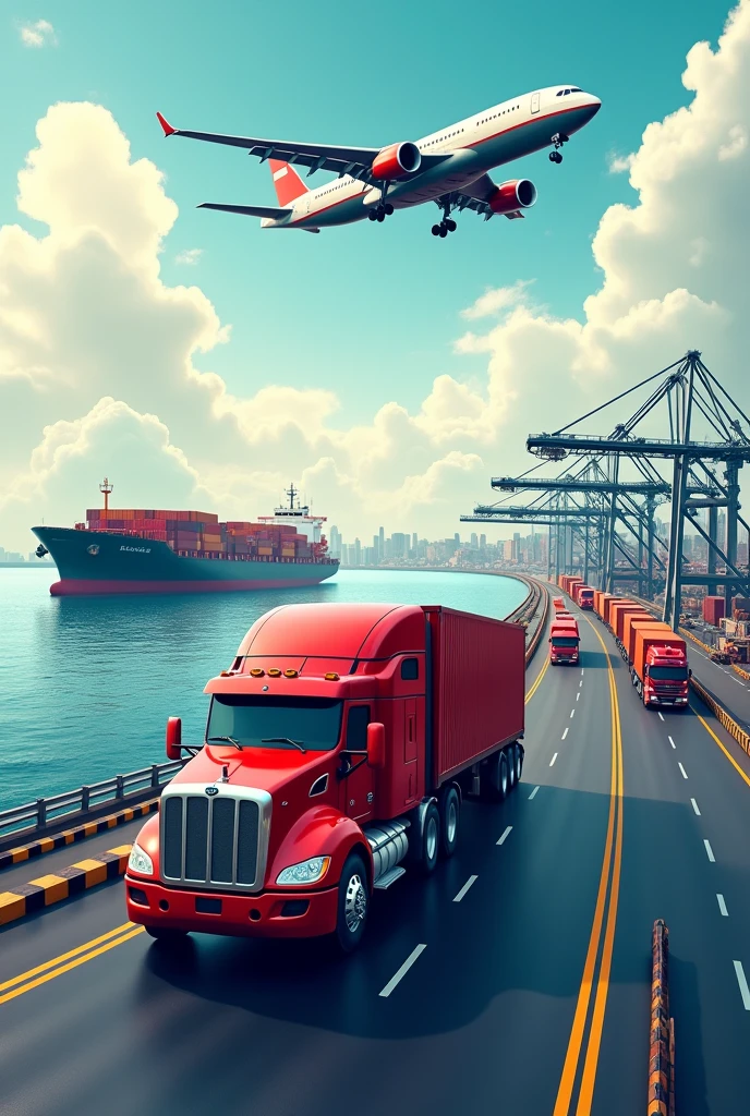 create an image that has red cargo trucks, cargo plane and cargo ship to put as wallpaper . makes the paths more apparent
