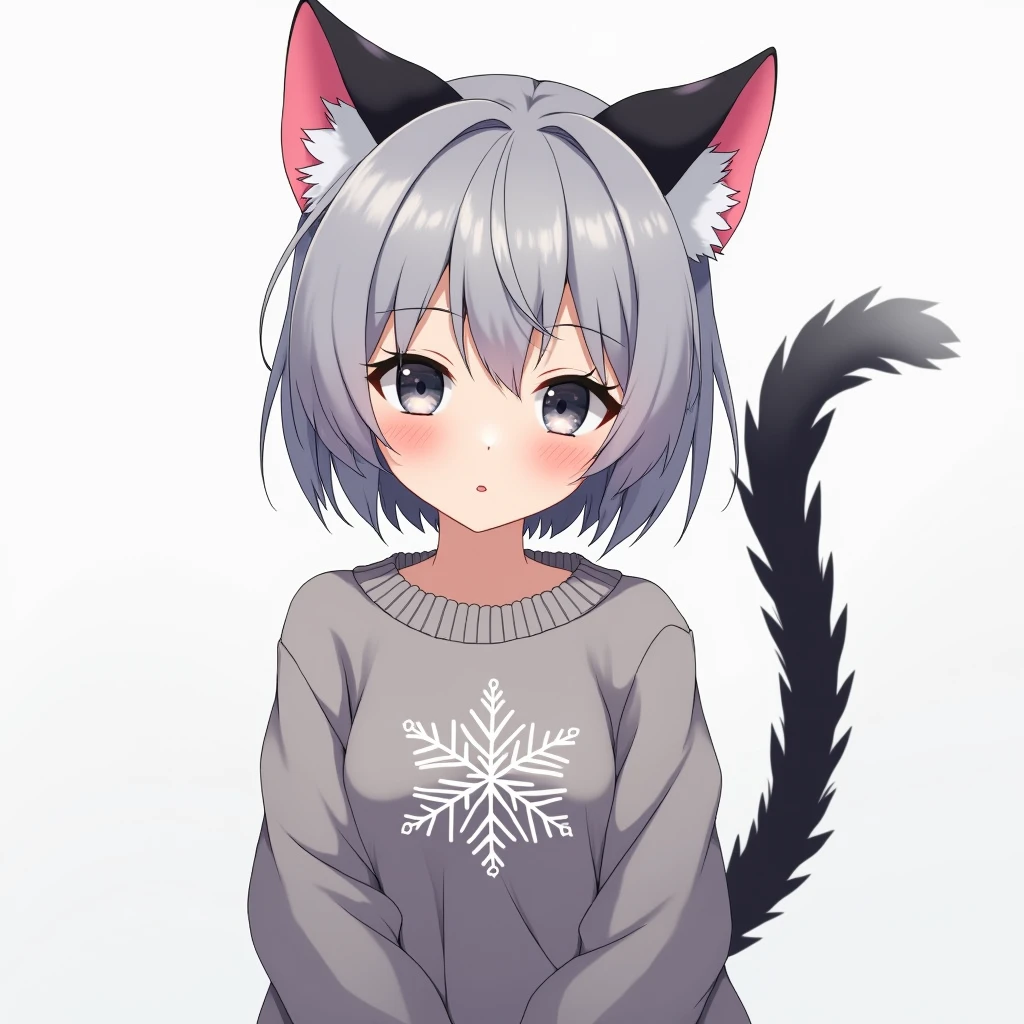 Anime style, masterpiece, greatest anatomy, detailed anatomy, a pretty girl, 1girl, catgirl, bob style hair, gray color hair, gray eyes, Black cat ears with pink inside, detailed cat tail, grey sweater with white snow motif, blank background