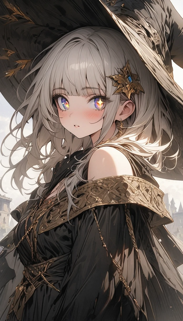 (masterpiece), (Artwork), (great work), (Detailed eyes), (Delicate skin), (heterochromatic eyes), (Multicolor), (Short white hair with bangs), (Sparkling eyes), (One person) Wearing a witch hat, Ancient, old, Dressed in gorgeous medieval costume, masterpiece, Highest quality, Best Designer, Best illustrations