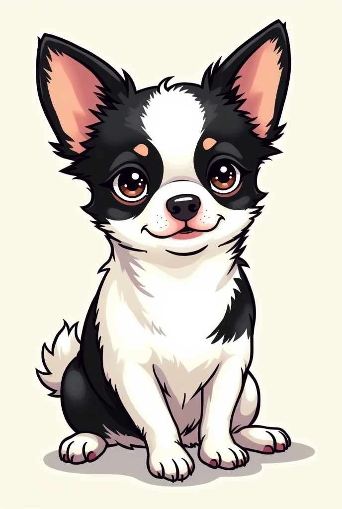 Chihuahua, black and white face, white body, black sides of belly, black butt, fluffy ears, brown eyebrows, sparkling eyes, manga style, whole body eating, LINE stamp style, short legs