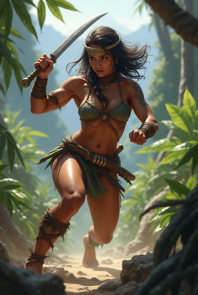 Female barbarian savage, tribal bikini, shortsword, outdoor subtropical environment, dynamic battle pose, lunging