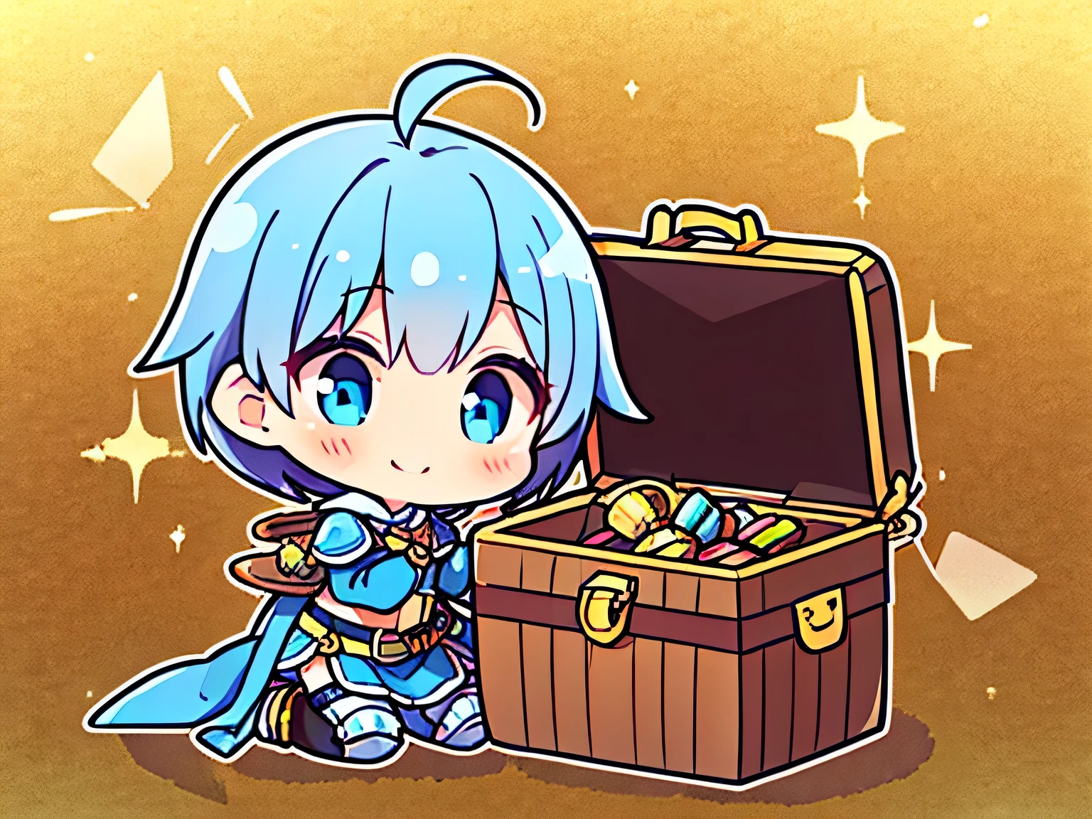 solo, fullbody, blue pixie cut, worried, mithril armor,Open the treasure chest to find gold and silver treasures、smile、Golden Background、
