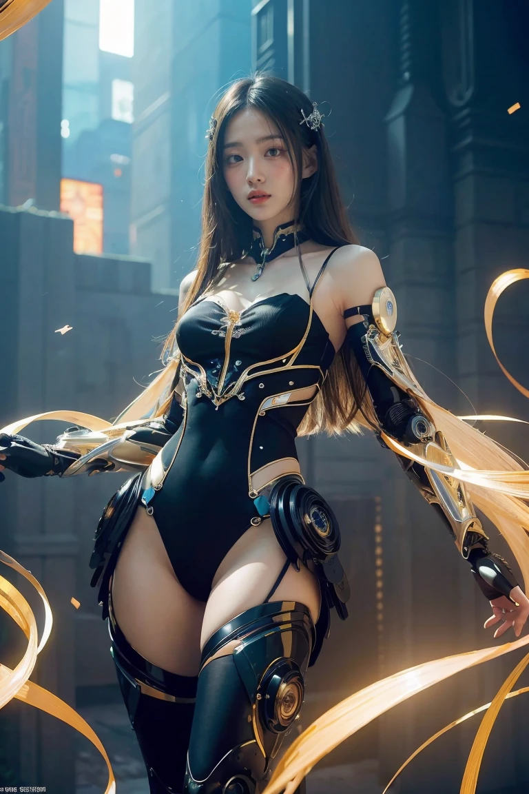 (Masterpiece, Highest quality, best quality, official art, beautiful and beautiful:1.2), (1 girl), (fractal art:1.2),nonsense, height, very detailed, Extremely accurate visualization, alone, (tangled:1.2), floating hair, Shiny skin, (abstract:1.2), tights,look at viewer, Cyberpunk robot, Complex robots, radius,