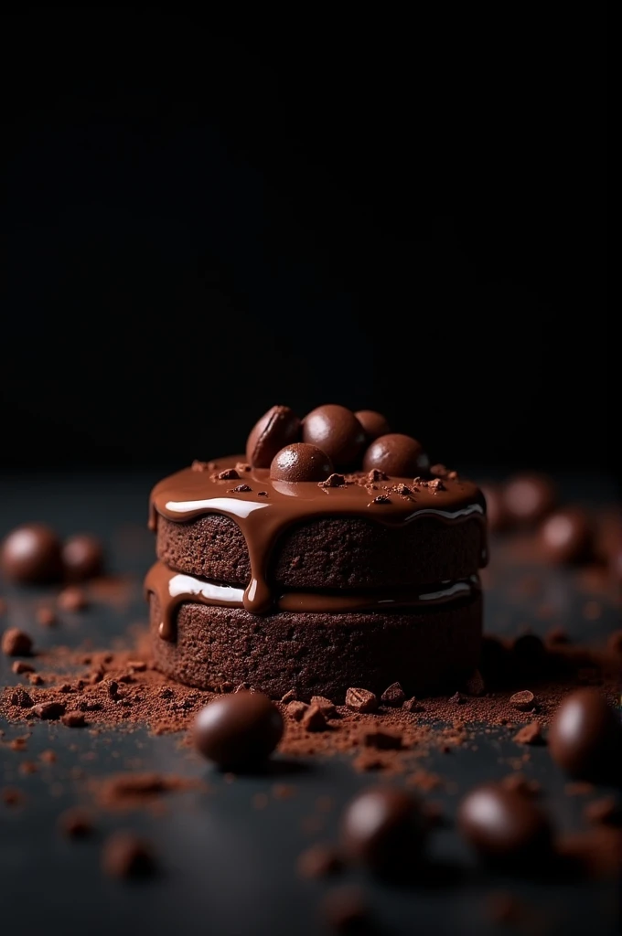 A chocolate cake with a black background