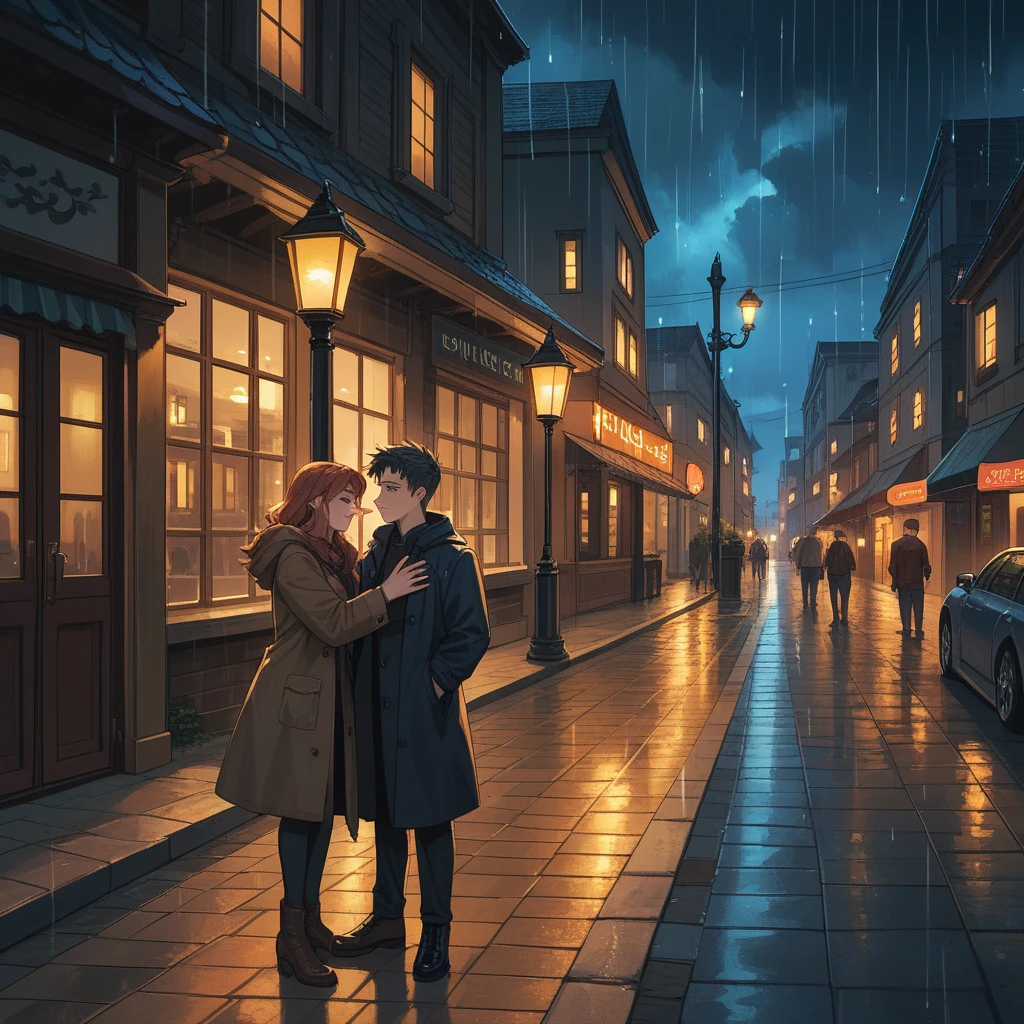 A powerful image that complements the lyrics provided, showing a scene of two people standing together in a stormy night, one comforting the other. The background is a dark, rain-soaked street with dim streetlights barely illuminating the surroundings. The comforting person stands tall and strong, while the other leans on them, conveying trust and support. The image should evoke a sense of deep friendship, unwavering support, and resilience through hardship. The color palette should be moody with dark blues and grays, contrasting with a subtle warm glow around the figures to signify hope and warmth