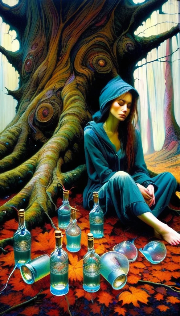 a dejected woman sitting at the bottom of a tree in a magical forest, three cups of liquor on the ground,(art inspired by Brian Froud and Carne Griffiths and Wadim Kashin, intricate details, oil painting)
