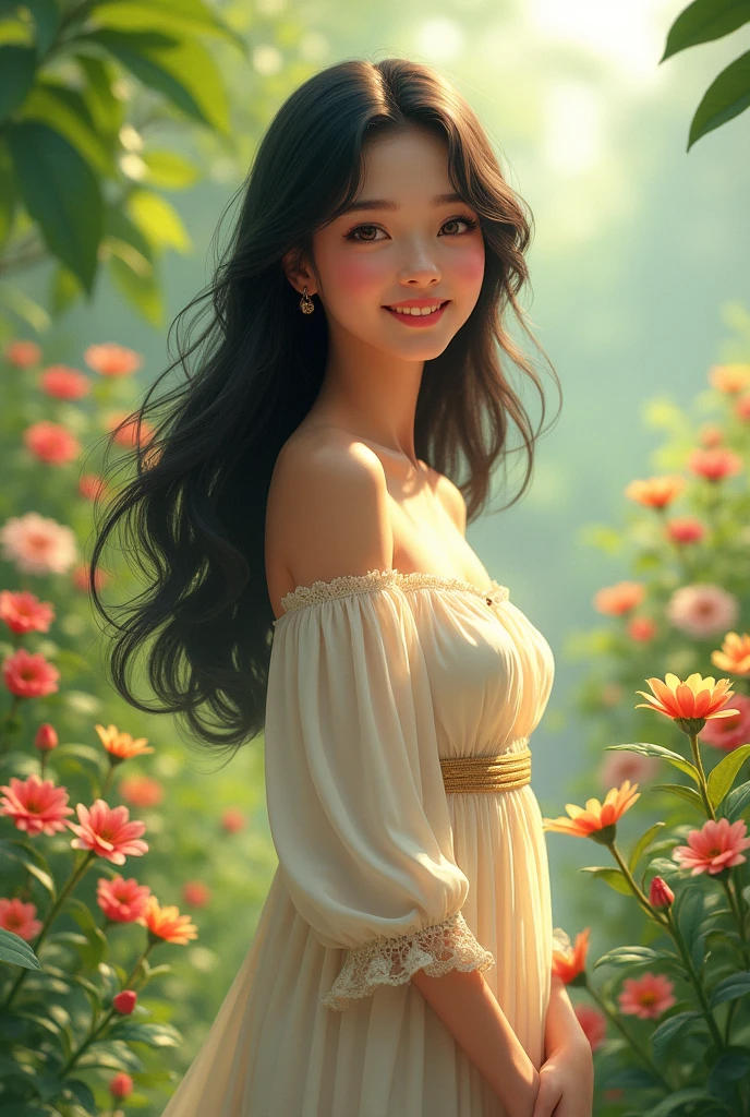 beautiful girl、garden、Black Hair、smile、Light clothing