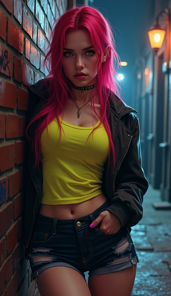 (masterpiece, best quality, 1 girl, solo, intricate details, chromatic aberration), realistic, ((medium breath)),long hair, red hair, red decoration on the head, pink highlights, amber eyes, earrings, sharp eyes, necklace, neon shirt, ripped shorts, unbuttoned jacket, turtleneck, night, against the wall, brick wall, graffiti, dim lighting, alley, look at the viewer