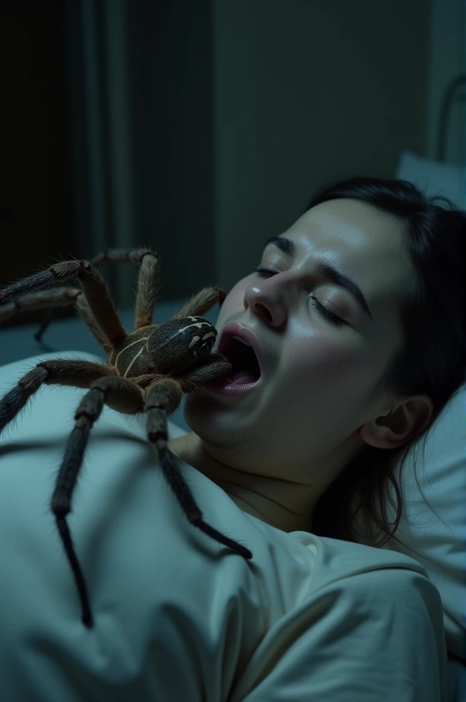 creates a realistic 4k image of a spider climbing into a person's mouth while he is sleeping.