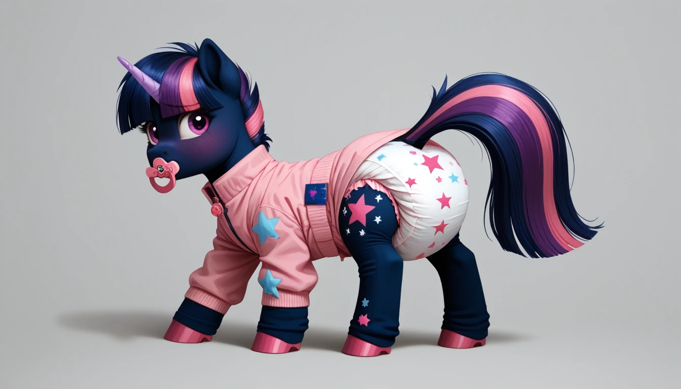 pony, purple unicorn, dark blue mane with purple streak and pink streak, the tail is dark blue with a purple strand and a pink strand, purple eyes, on the side close to the back hoof is a drawing of a pink star with six small stars around a central star, adult mare, stands on four hooves, rear hooves spread wide apart, dressed in an adult size bodysuit and booties, pacifier in mouth, solo, thick diaper under clothes, pink blush on cheeks, Embarrassment, Awkwardness.