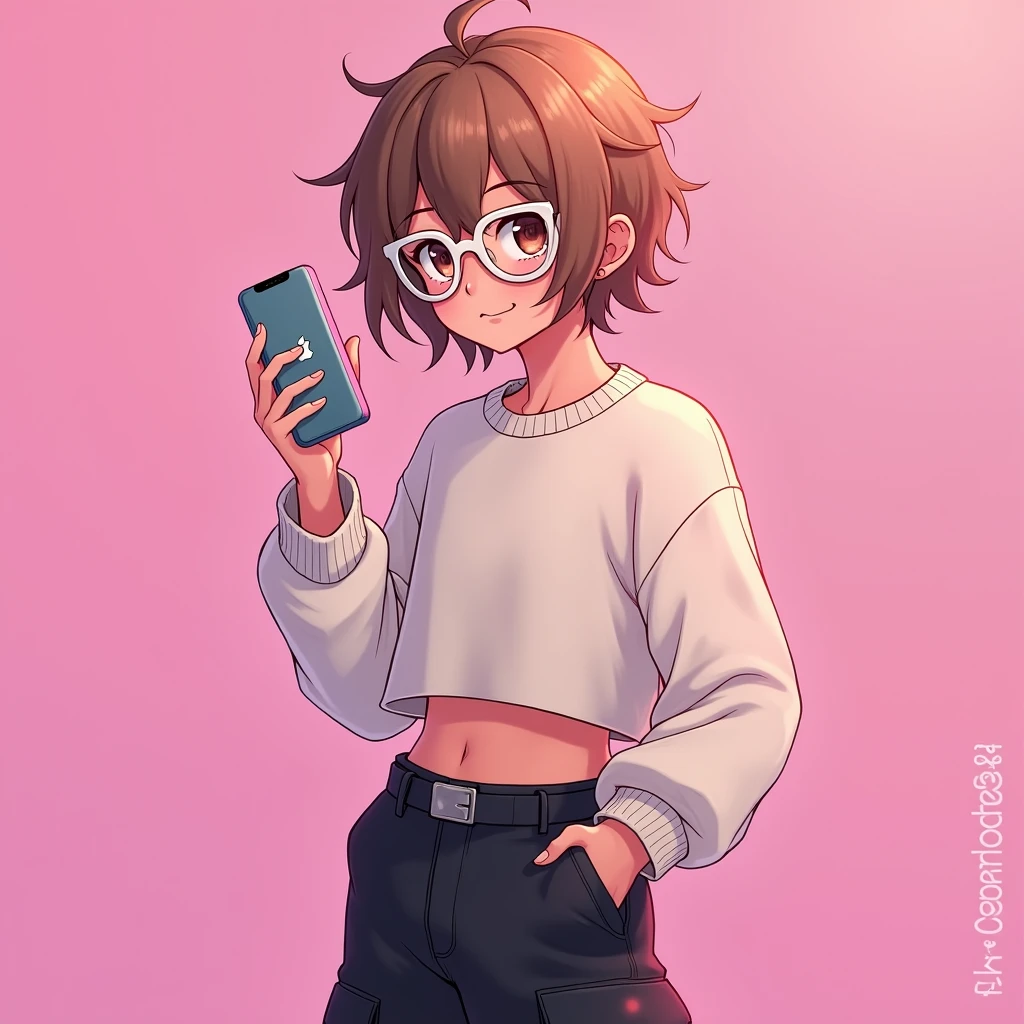 1boy avec les cheveux brun clair courts un peu devant le visage des yeux brun foncé et des lunette rose blanc avec un crop top en laine blanc et un cargo noir et il tient son iPhone dans une main avec un coque transparent et il a un visage trés expressif il est rapproché de la photo 
Fond filtre rose Snap
Style anime