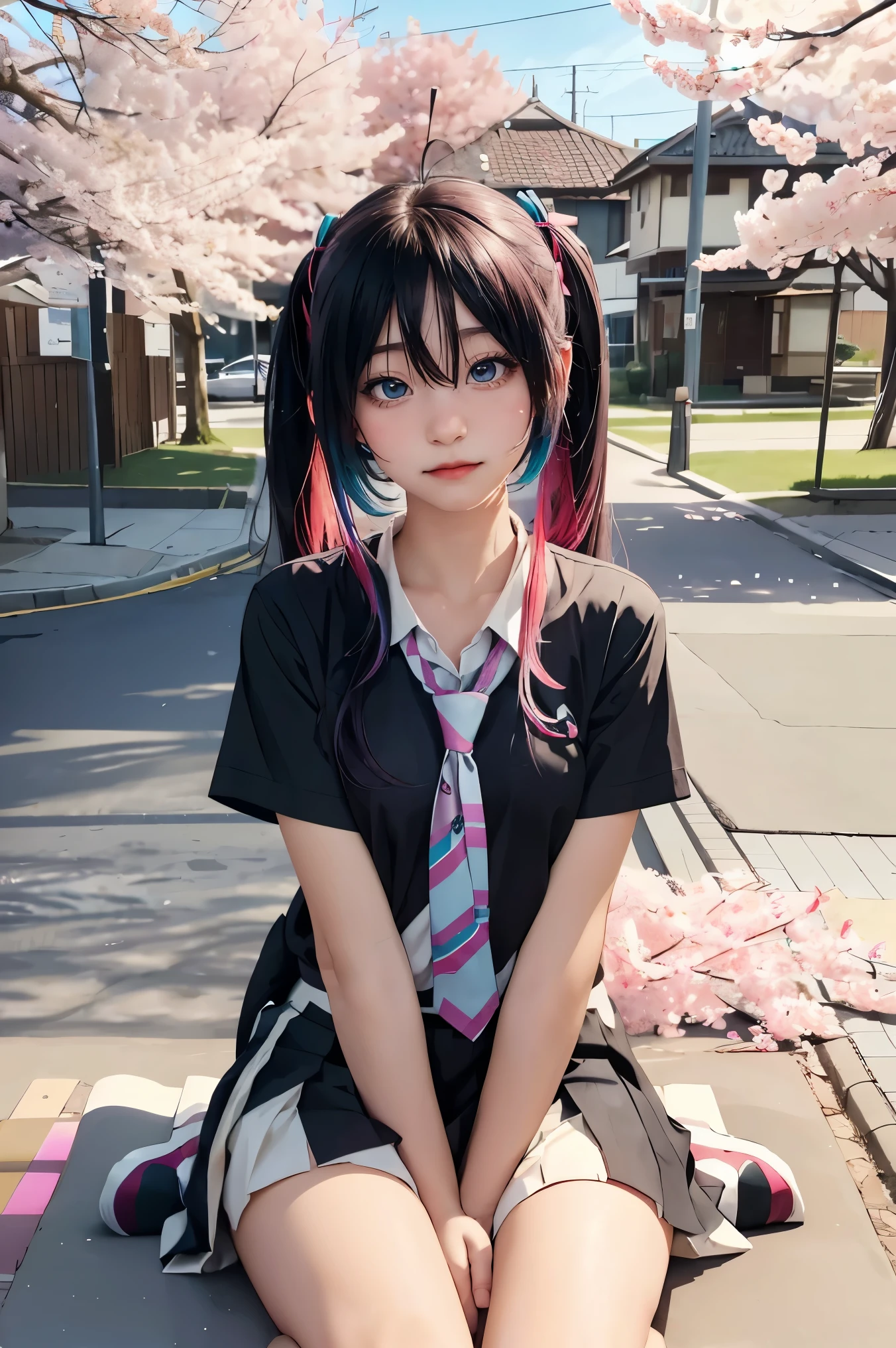 hair on one eye、sit、Hatsune Miku、hair above one eye, asymmetrical bangs,Standing image、Loose socks、cherry blossoms、cherry blossomsの花びら、cherry blossoms舞う、Hatsune Miku、Gradient colored hair、Tie your hair、colorful hair、Cross your eyes、messy hair、Cut the bread bluntly、pleated skirt、black shirt、Striped hair、messy hair、sloppy、Cross your eyes、drunk、( fool / Sexual ecstasy)、Highest quality, realistic, Very delicate illustration., Beautiful and charming anime girl, slim body, Tie your hair, one woman, Picture of a girl, Take the whole body, beautiful blue eyes,