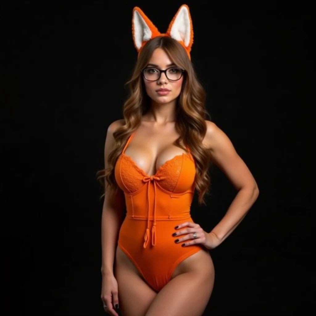 Busty woman 1, orange one piece lingerie, fox ears, foxtail, Long hair, aviator glasses, Photo studio, Black background 