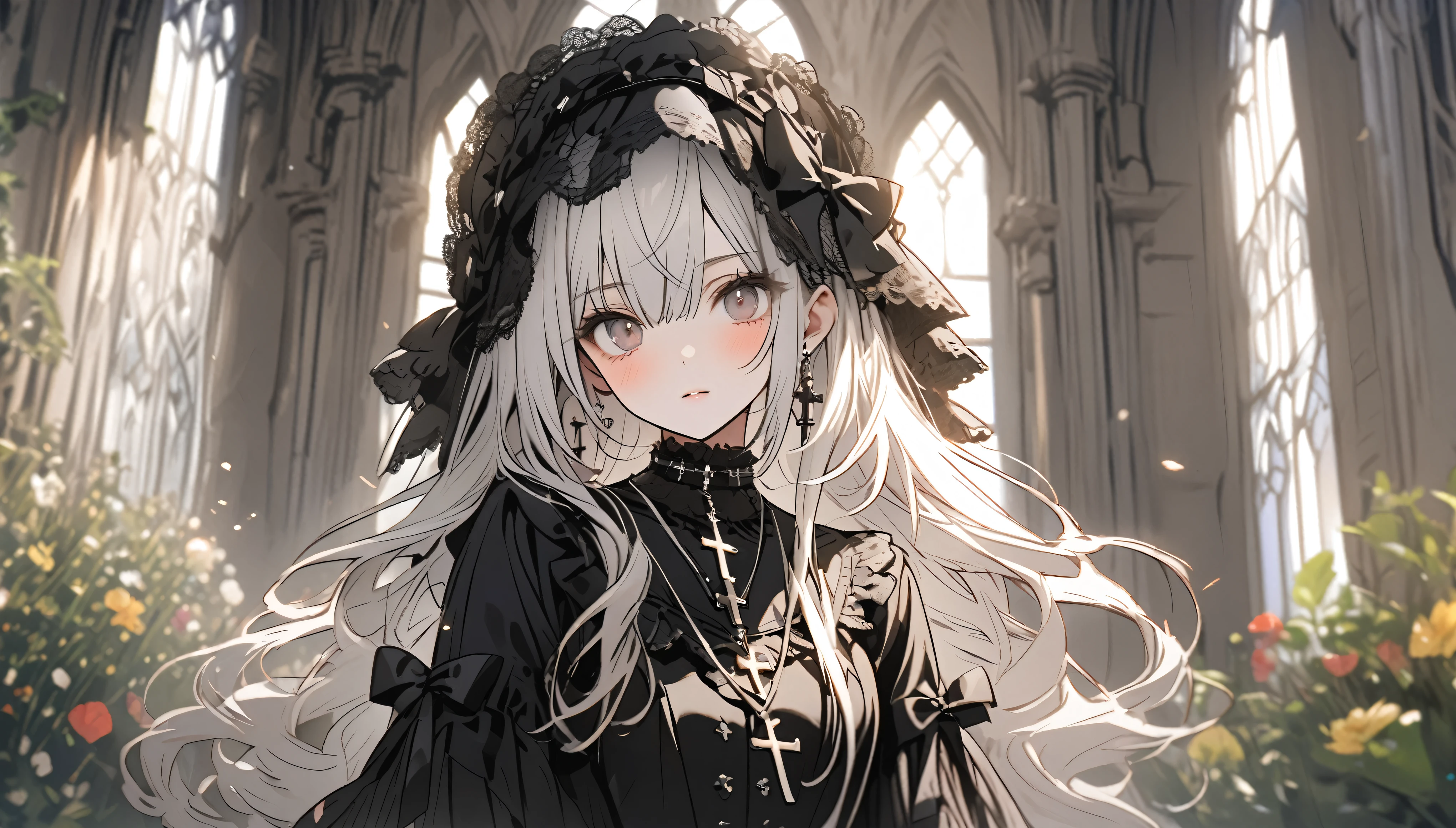 Beautiful girl with white hair,Black Lolita,Tulle lace hat,cross pendant,Standing in front of the church garden