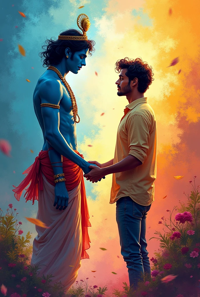 A sketch in which lord krishna holding hand of his male devote waking and colourfull image from back view 
Devote wearing jeans and shirts 