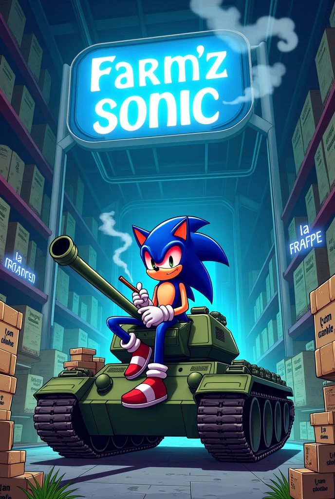grand entrepôt avec des cargaisons de weed dans le fond avec une grande pancarte en haut ou il y'a ecrit Farm'z Sonic en bleu et il y'a sonic avec les yeux rouge qui fume un joint assis sur un tank et il y'a ecrit la frappe a sonic sur le bas du tank en bleu en cartoon