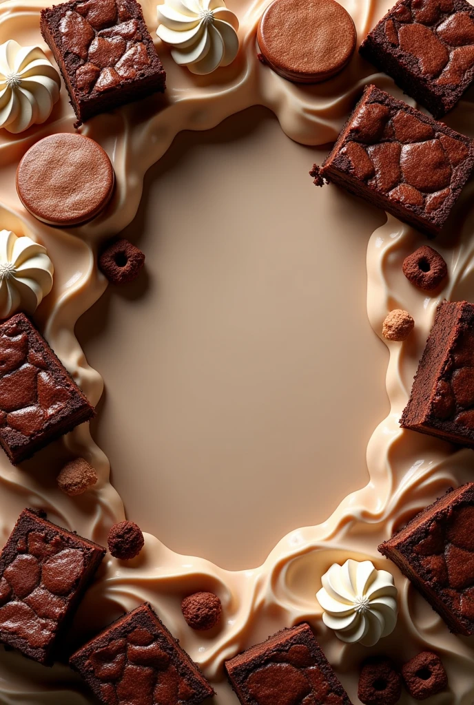 Create background with chocolate white  cream and brownie use ai effects. 

Middle Space shoud b  empty for product 