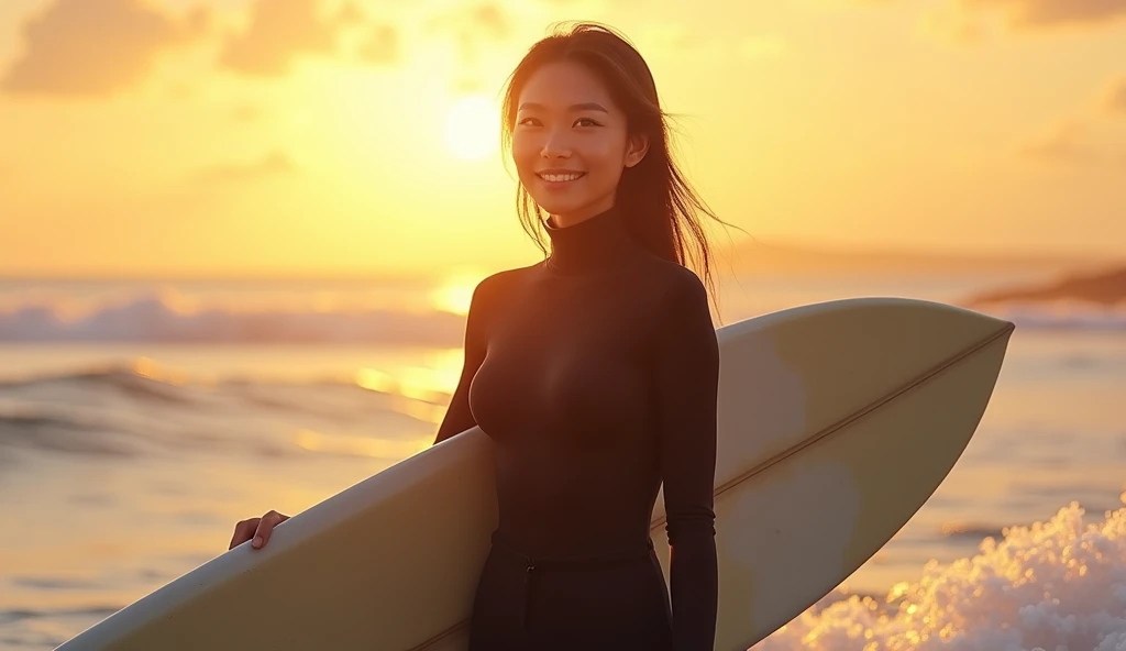3 person surfer, asian face, (((holding board))). has a confident and happy expression on her face, with a slight smile and bright eyes.wearing wearing (((black surfer outfit))), (((modest clothing))), (((long pants))),full body, background golden hour