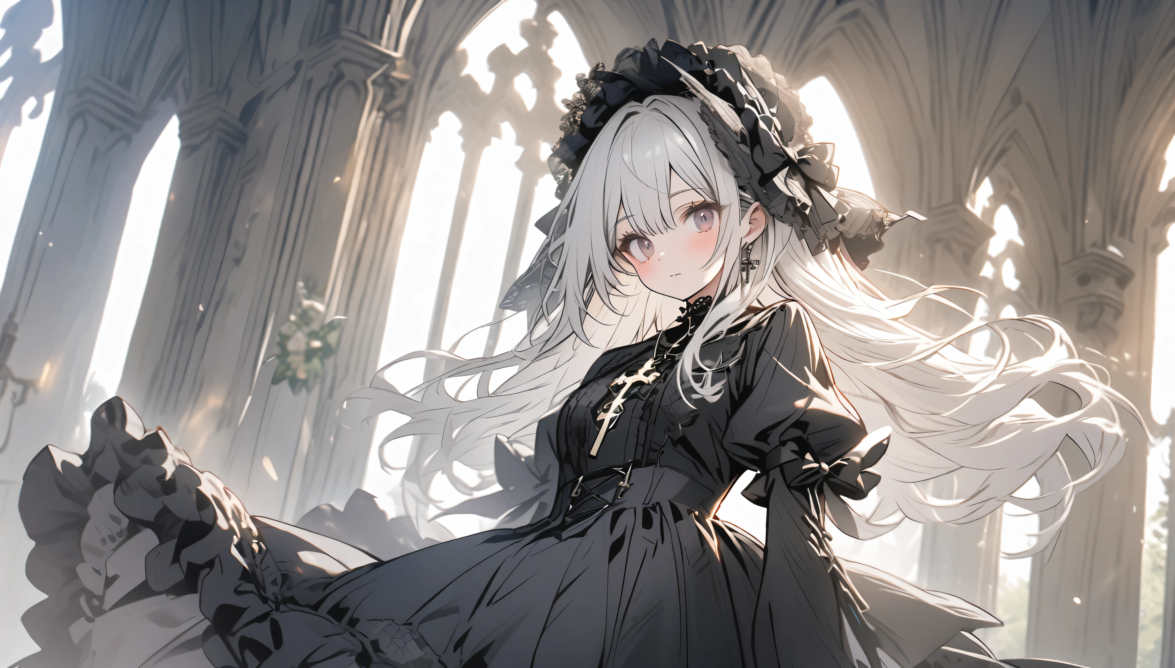 Beautiful girl with white hair,Black Lolita,Tulle lace hat,cross pendant,Standing in front of the church garden