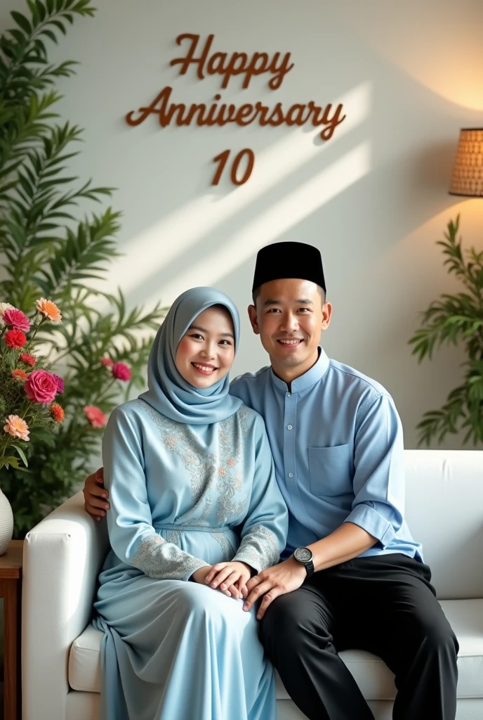 An indonesian beautifull women, 2, wearing gamis soft blue with motif like a birth day dress, long hijab pattern, an indonesian handsome man 30 years old wear soft blue long sleef, black sarung, kopyah, sitting on the white sofa, smile thinly to the camera, full light, indors, windows with sunlight, baground wall with text "happy anniversary 10", plants, alot of flowers, lamp, the face on camera, from in front her body, aestetic room, cozy room, relax, focus, realistic 5D 8K
