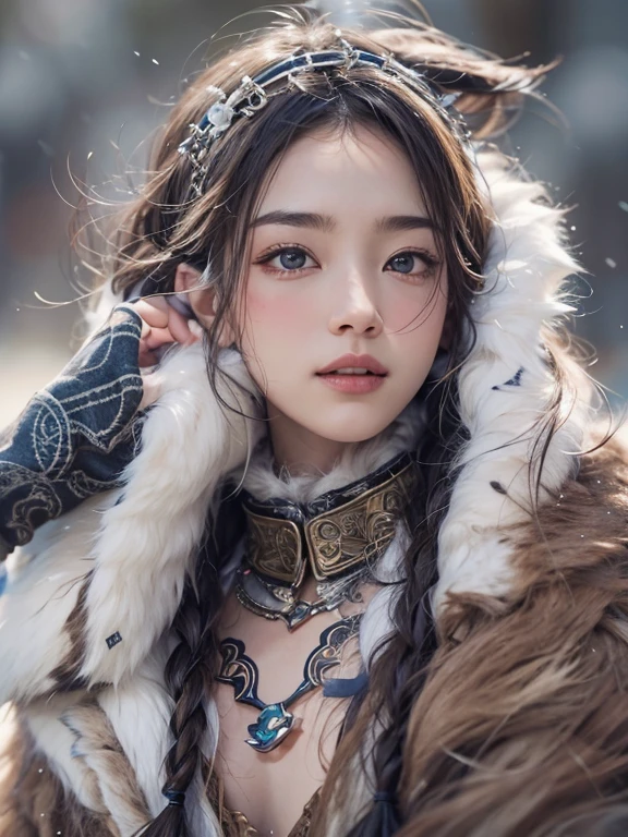 Hiding in the snowy mountains、Hair Flow、 ((Highest quality、masterpiece、8k、Best image quality、Ultra-high resolution、Award-winning works)、(Accurate anatomy:1.1)、(Look at me and smile:1.1)、Shining fair skin with Ultra-high resolution、The most detailed face、Ultra-high resolution detailed face、Ultra-high resolutionの髪の毛、(Ultra-high resolutionの煌めく瞳:1.1)、Beautiful face drawn in every detail、(Blurred Background:1.1)、Ancient Inuit clothing, Chest to chest, tattoo, Old ruins in the background、he&#39;that&#39;big, You have a real hawk on your shoulder.. 