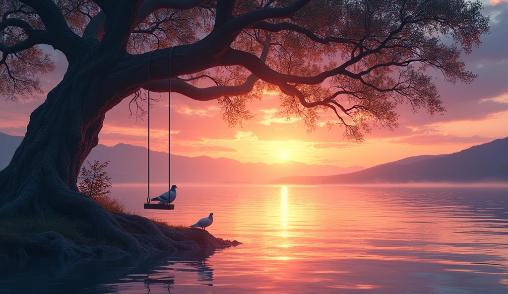 Dynamic pose, Strong contrast, Good depth of field, 8K wallpaper, Masterpiece, Aesthetic Mystical illustration in realistic style, best quality, natural light, high res, highly detailed, All the colors and materials in this work are very harmoniously combine, Sunset Over a Crystal Clear Lake: A stunning sunset paints the sky in hues of orange, pink, and violet, reflecting perfectly on a crystal-clear lake. On the shore, a large, ancient oak tree with sprawling branches provides a natural frame. A swing hangs from one of its branches, empty but gently swaying in the breeze. A couple of doves sit on the tree, their feathers ruffled by the wind, symbolizing peace and love. Как один и тот же цвет. Лучшее качество. 8К Ультра HD. В небе облака