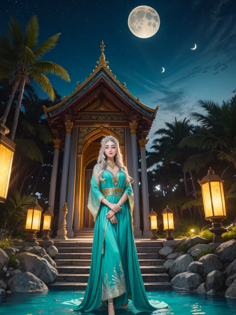 Create a detailed image of a mystical fantasy island at sunset, with a lush landscape, waterfalls, and an ancient white marble temple. A figure in an emerald-green silk gown with golden embroidery stands at the temple entrance, holding a staff with a glowing blue crystal. Her long silver hair is adorned with small, glowing crystals. The scene includes turquoise waters, palm trees, colorful flowers, glowing lanterns, and a sky transitioning from orange to purple, with a rising crescent moon.