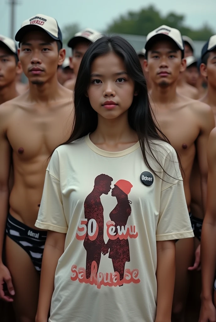 A beautiful Indonesian girl, wearing a t-shirt with a strong vector design featuring a silhouette image of a naked couple having sex in black colour. The sentence "50 EWU SAKPUASE" is displayed with bold and distressed typography pastel tone, The round pin stuck in the middle of the zumba cup hats reads "(90% OFF)", in a public place, surrounded by many naked men, large and sexy breasts, the pantiens reads "(OBRAL)" underwear, with a shooting angle from the front, very realistic, (complex detail: 0. 9), (hdr, hyperdetail: 1.2), RAW, Sony Alpha a9 II, 24-105mm f/4, HDR,