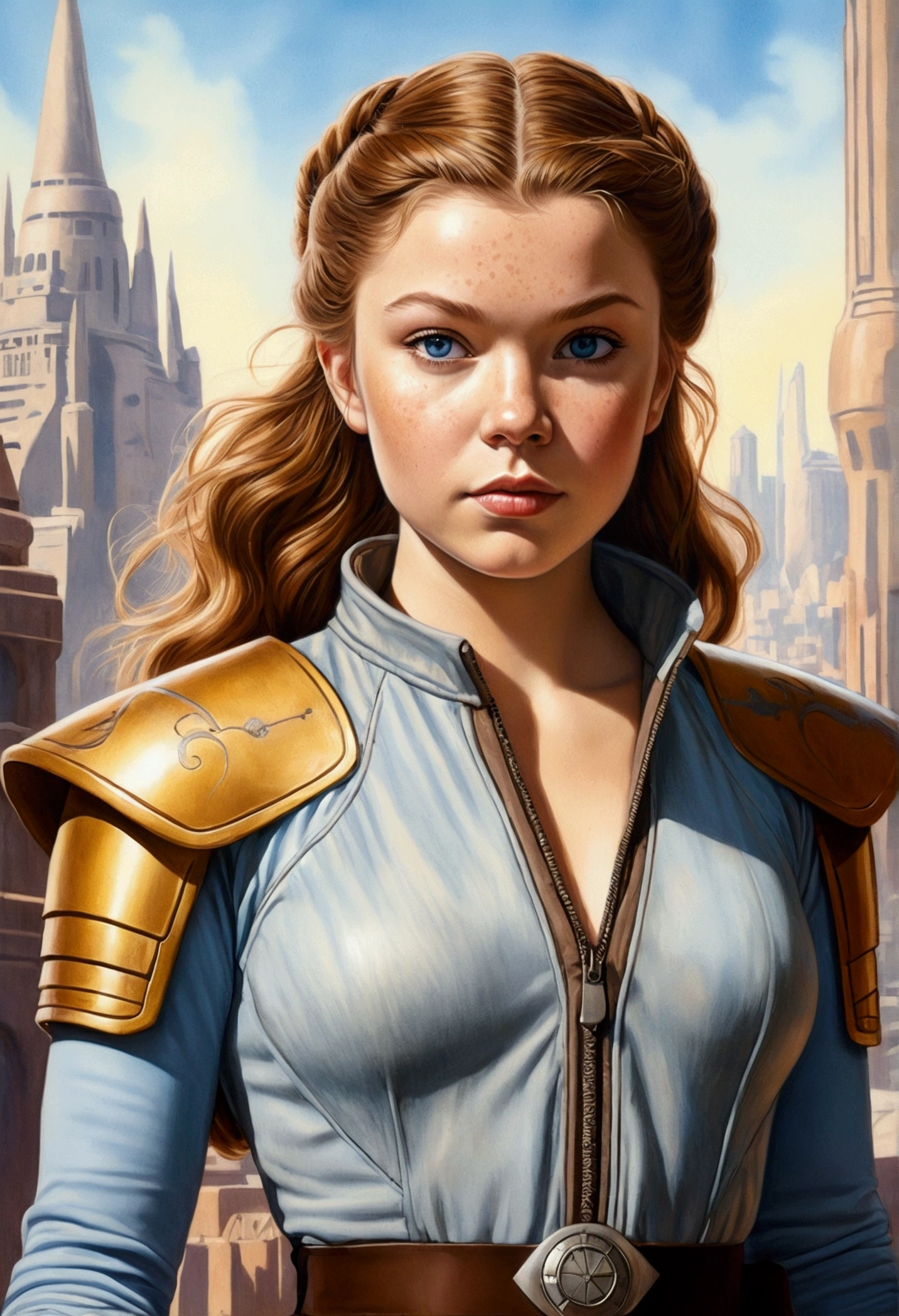 An illustrated movie poster, hand-drawn, full color, a age Jedi, 18-years-old, female, wearing a flightsuit, athletic hourglass figure, busty bosoms, full wide hips, massive round butt, long shapely legs, ridiculously thick powerful thighs, pale blue eyes, mousy brown hair, thick shaggy bangs, rosy sun-kissed complexion, freckles, resembles Margaery Tyrell, standing above Coruscant, graphite shading, stencil marks, airbrushed acrylic paint, masterpiece, in the style of Drew Struzan