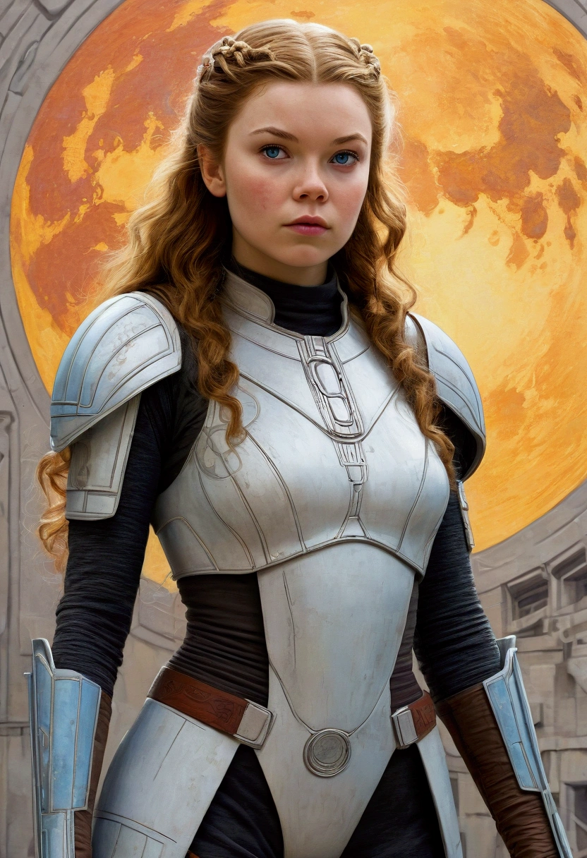 An illustrated movie poster, hand-drawn, full color, a teenage Jedi, 18-years-old, female, wearing a flightsuit, athletic hourglass figure, busty bosoms, full wide hips, massive round butt, long shapely legs, ridiculously thick powerful thighs, pale blue eyes, mousy brown hair, thick shaggy bangs, rosy sun-kissed complexion, freckles, resembles Margaery Tyrell, standing above Coruscant, graphite shading, stencil marks, airbrushed acrylic paint, masterpiece, in the style of Drew Struzan