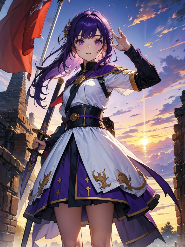 masterpiece,Highest quality,One person,Costume 1,,sunrise,dawn,holding flag,Open your mouth,sword,Purple Hair,Purple Eyes,Upside down hair、White Theme,armor,Portraiture,crowd,Swarm,flag,waving flag