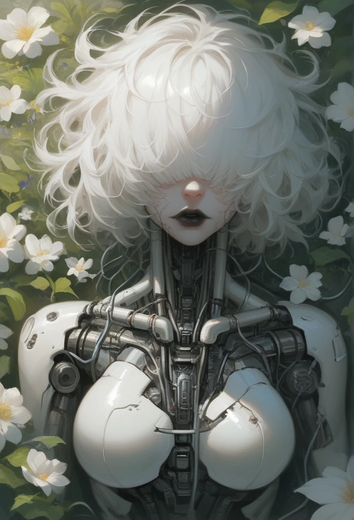score_9, score_8_up, score_7_up, score_6_up, score_5_up, score_4_up, cr34tur3g0r3, 1girl, flowers, cyborg, wires, broken, white hair, messy hair, hair covering eyes, hair over eyes, blunt bangs, black lipstick, robot