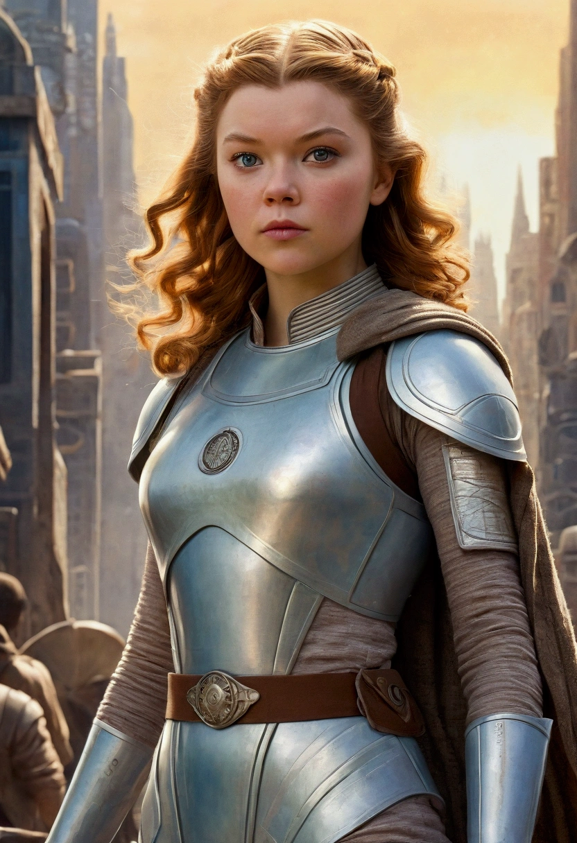 An illustrated movie poster, hand-drawn, full color, a age Jedi, 18-years-old, female, wearing a flightsuit, athletic hourglass figure, busty bosoms, full wide hips, massive round butt, long shapely legs, ridiculously thick powerful thighs, pale blue eyes, mousy brown hair, thick shaggy bangs, rosy sun-kissed complexion, freckles, resembles Margaery Tyrell, standing above Coruscant, graphite shading, stencil marks, airbrushed acrylic paint, masterpiece, in the style of Drew Struzan