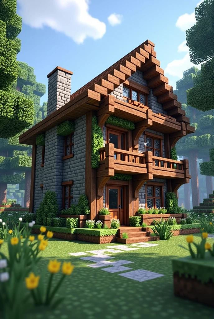 Create a medium sized house made of wood and stone in Minecraft