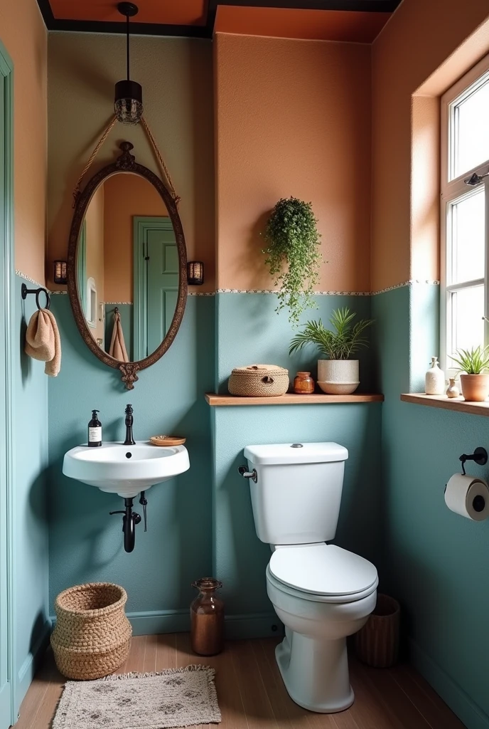 small bathroom, windowless, with measures of 2,15m por 1,30m, decorated in boho chic style, with blue colors, terracotta, off white e preto, with oval-shaped mirror and glass box in the shower area.white sink and toilet