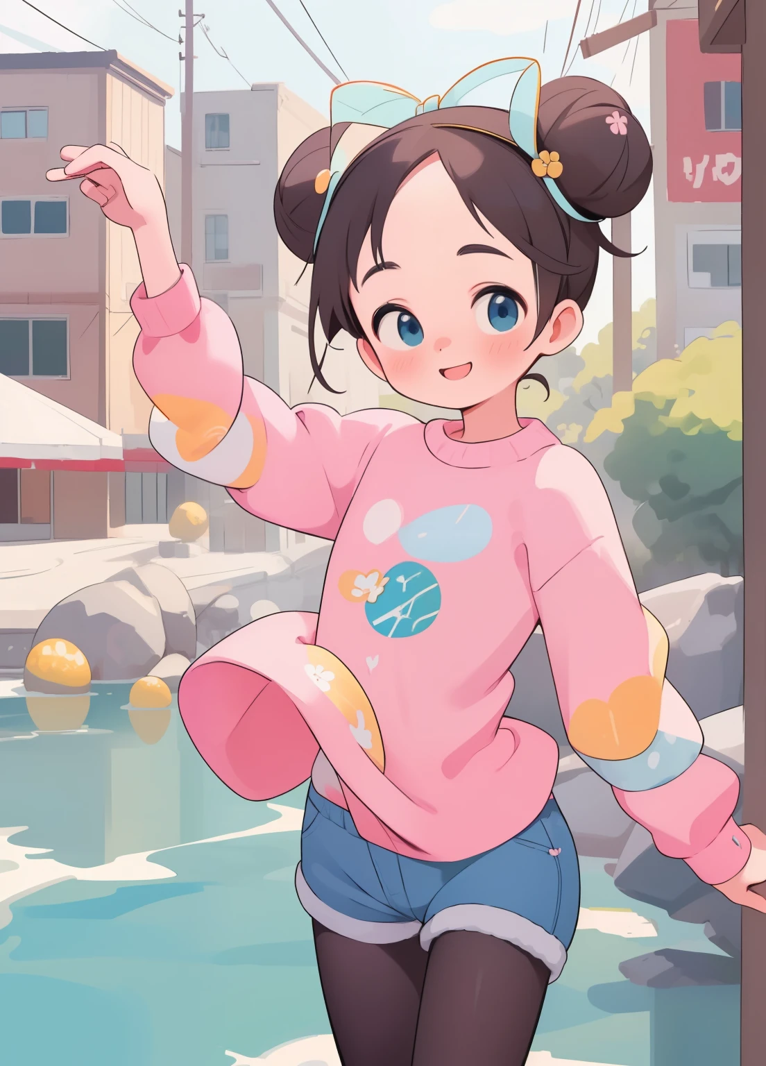 (masterpiece、Highest quality、Highest quality、Official Art、Beautiful and beautiful:1.2)、(One person:1.3)Hatsune Miku、Twin tails,Beautiful breasts, Katsushika Hokusai,((masterpiece,Highest quality)), Absurd, B1, Hair Bun, blue eyes, Twin tails, Visor Cap, pantyhose, Raglan sleeves, Yellow shorts, shirt, Pink ribbon, watch,
alone, smile, View your viewers, Cowboy Shot, Structure of the film, Dynamic pose, Modern city, City Street,